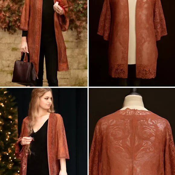 🌸 Vintage Inspired Terracotta Lace Duster Kimono | Boho Luxe Layering Piece - Picture 2 of 13